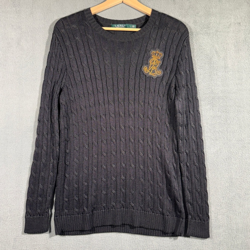 Lauren Ralph Lauren Black Cable Knit Sweaterโ Gold Bullion Crest Patch Womens L